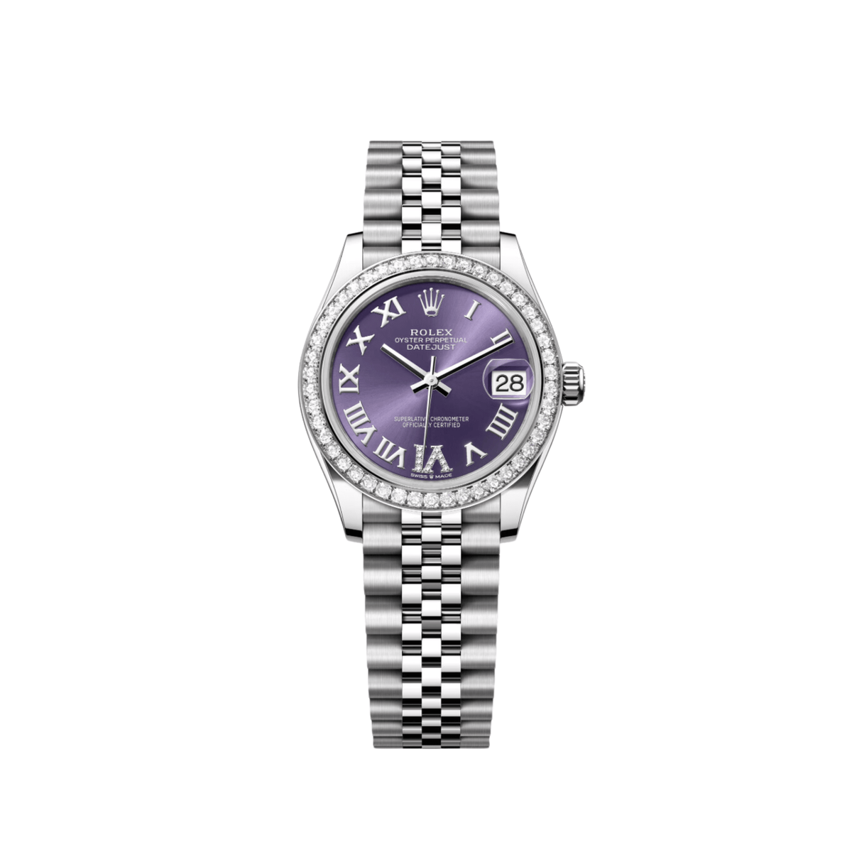 Rolex Datejust 278384RBR 'Ladies' Stainless Steel Diamond Bezel Violet Roman Dial Jubilee