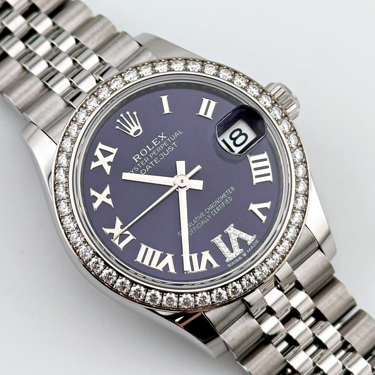 Rolex Datejust 278384RBR 'Ladies' Stainless Steel Diamond Bezel Violet Roman Dial Jubilee