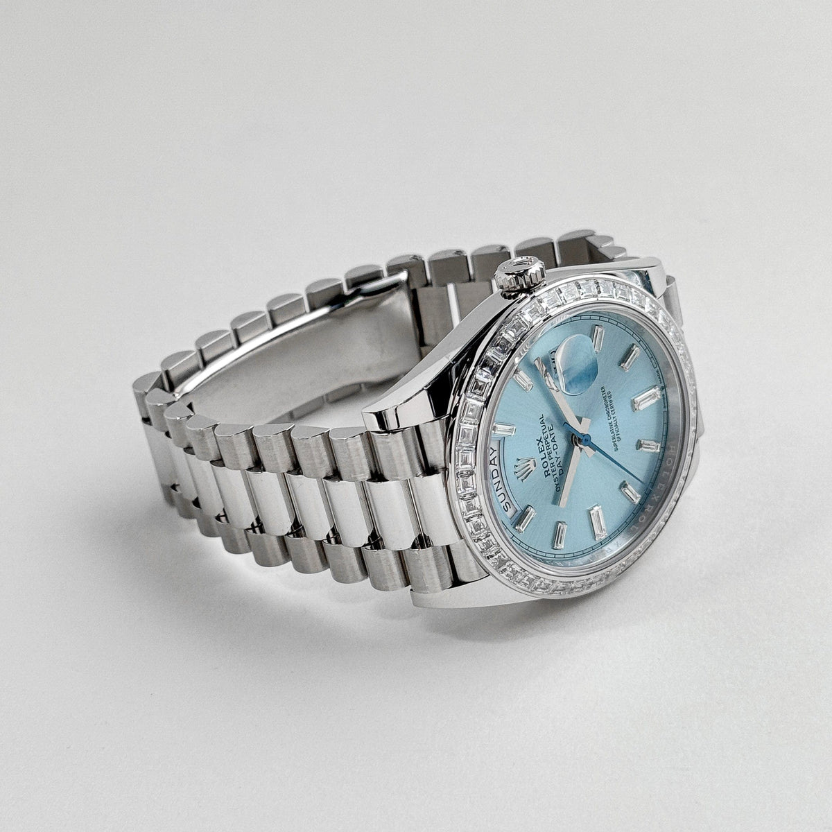 Rolex Day-Date 228396TBR Platinum Diamond Bezel Ice Blue Diamond Dial (2017)