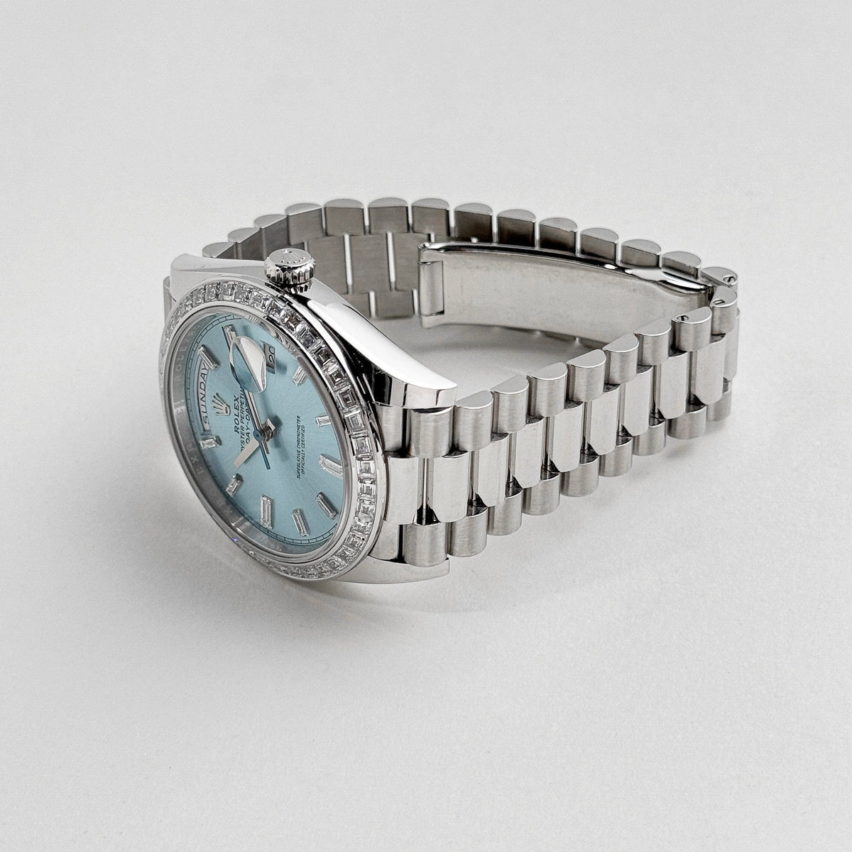 Rolex Day-Date 228396TBR Platinum Diamond Bezel Ice Blue Diamond Dial (2017)
