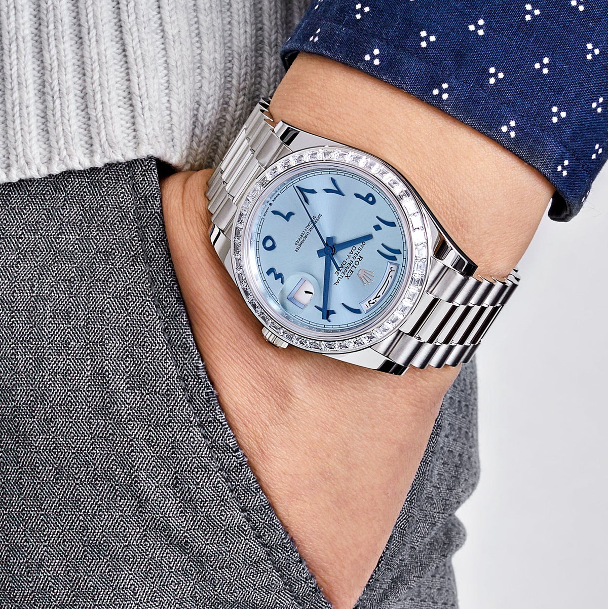 Rolex Day-Date 228396TBR Platinum Ice Blue Arabic Dial Diamond Bezel
