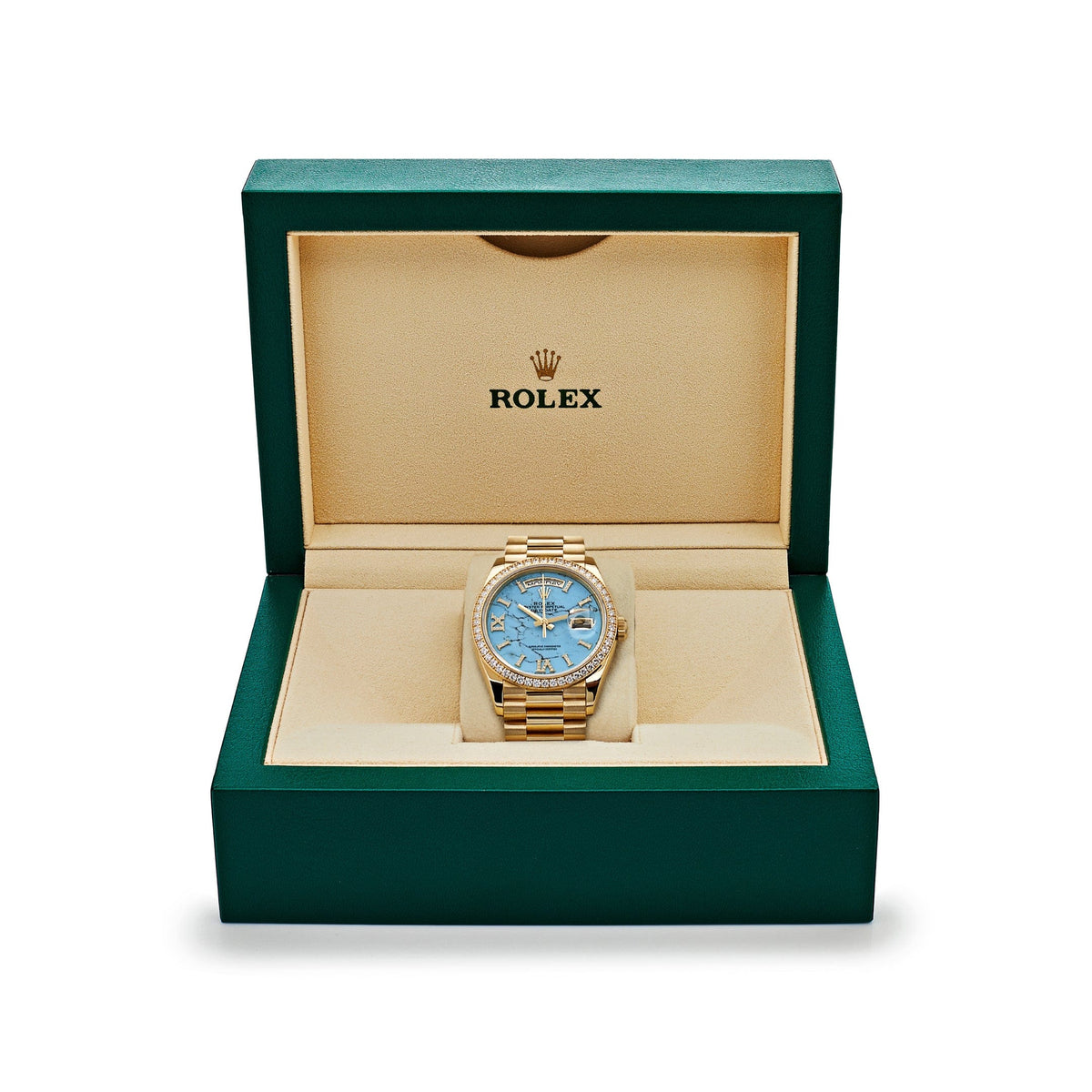 Rolex Day-Date 128348RBR Yellow Gold Diamond Bezel Turquoise Diamond Dial