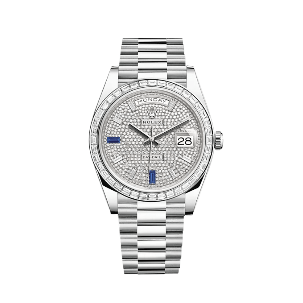 Rolex Day-Date 228396TBR Platinum Diamond Bezel Diamond-Paved Sapphire Dial (2024)