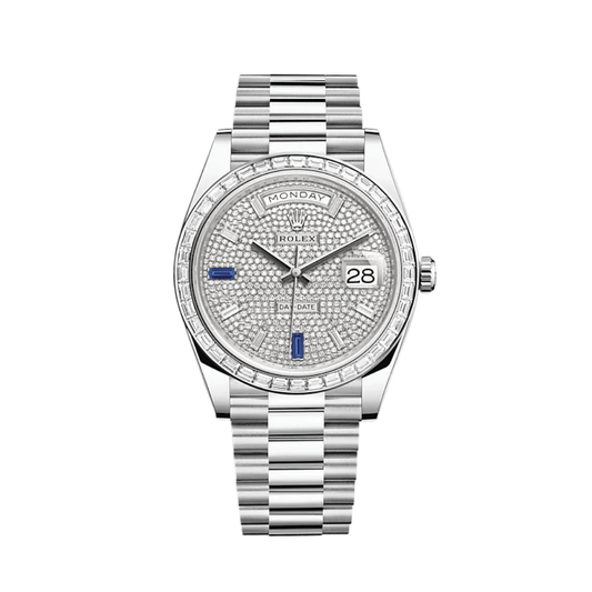 Rolex Day-Date 228396TBR Platinum Diamond Bezel Diamond-Paved Sapphire Dial (2024)