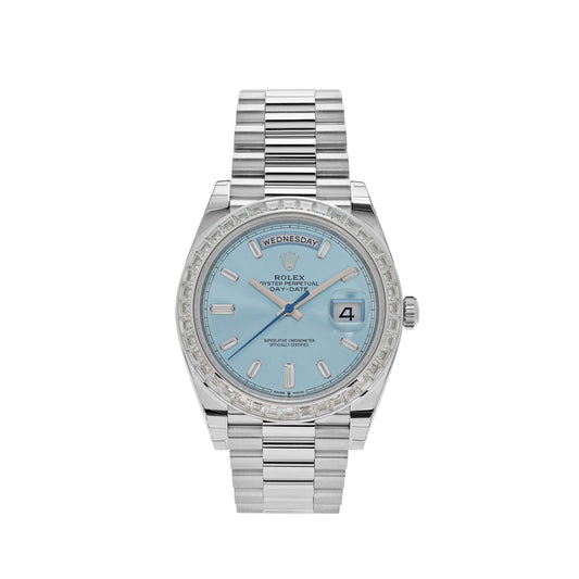 Rolex Day-Date 228396TBR Platinum Diamond Bezel Ice Blue Diamond Dial (2023)