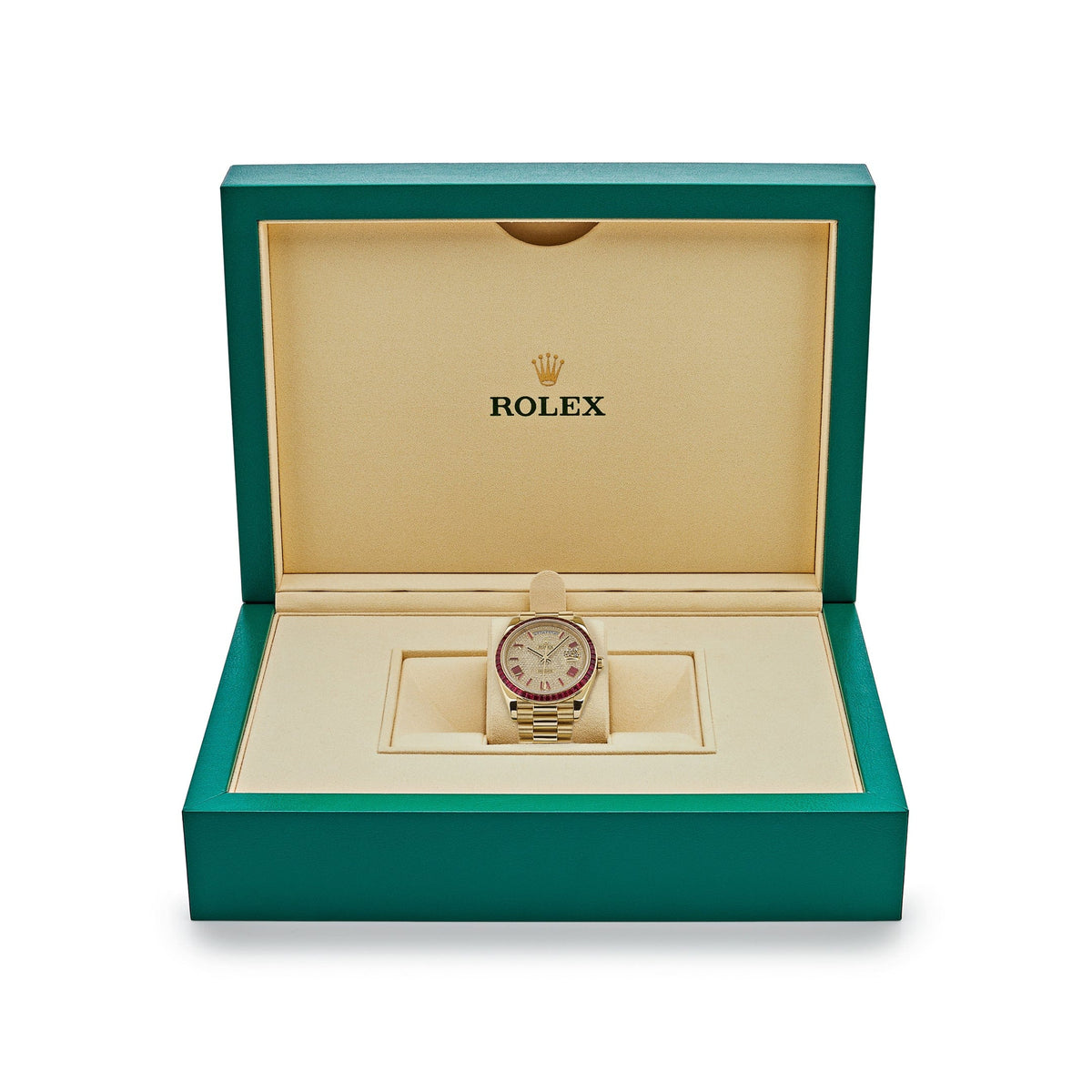 Rolex Day-Date 228398TRU Yellow Gold Roman Dial Ruby Bezel