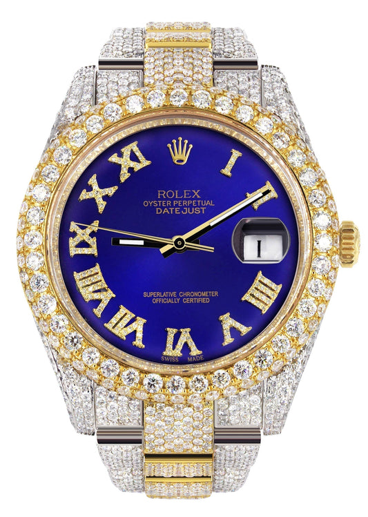 Womens Diamond Iced Out Rolex Datejust 41 | 25 Carats Of Diamonds | Custom Royal Blue Roman Numeral Diamond Dial | Two Tone | Two Row | Oyster Band