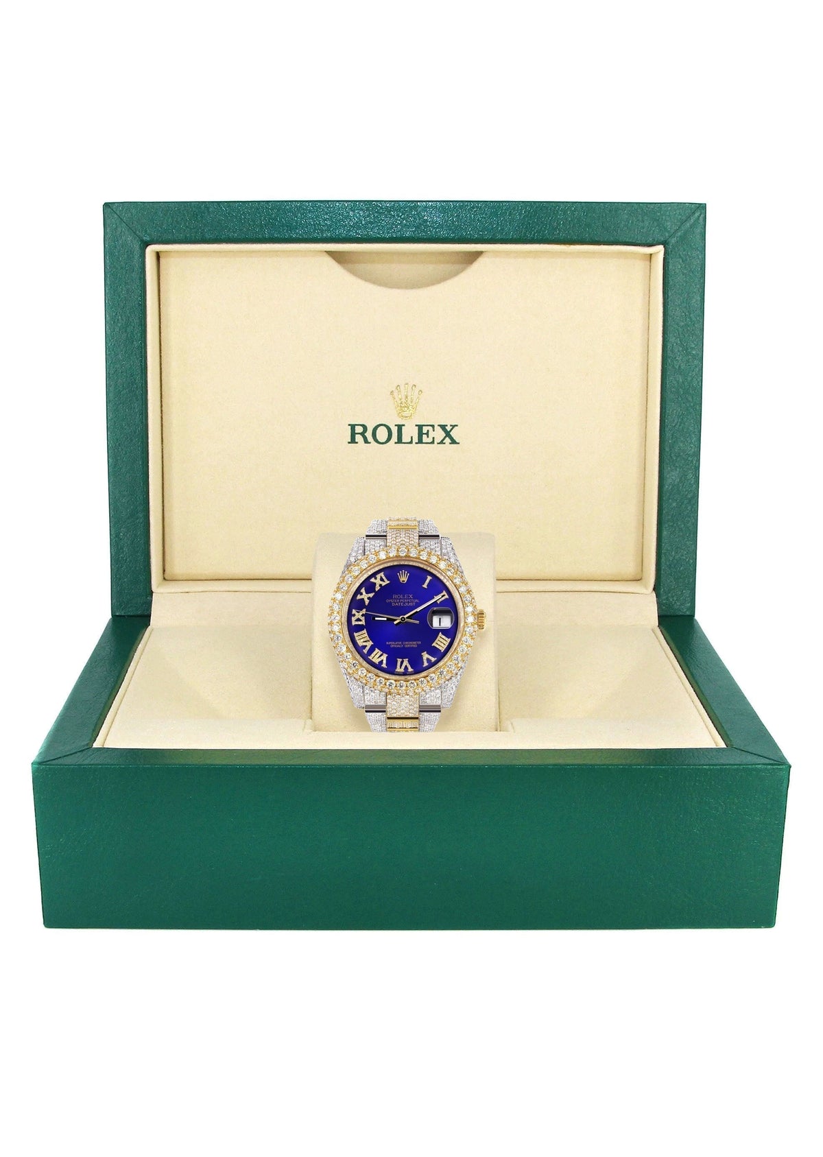 Womens Diamond Iced Out Rolex Datejust 41 | 25 Carats Of Diamonds | Custom Royal Blue Roman Numeral Diamond Dial | Two Tone | Two Row | Oyster Band