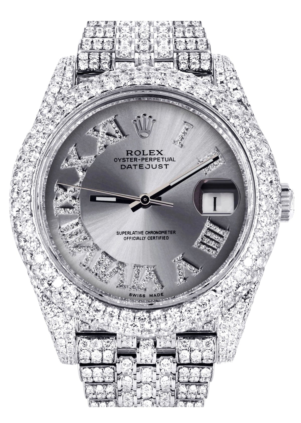 Womens Diamond Iced Out Rolex Datejust 41 | 25 Carats Of Diamonds | Custom Silver Roman Numeral Diamond Dial | Two Row | Jubilee Band