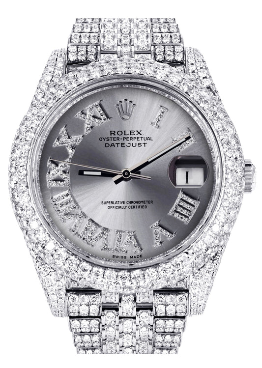 Womens Diamond Iced Out Rolex Datejust 41 | 25 Carats Of Diamonds | Custom Silver Roman Numeral Diamond Dial | Two Row | Jubilee Band