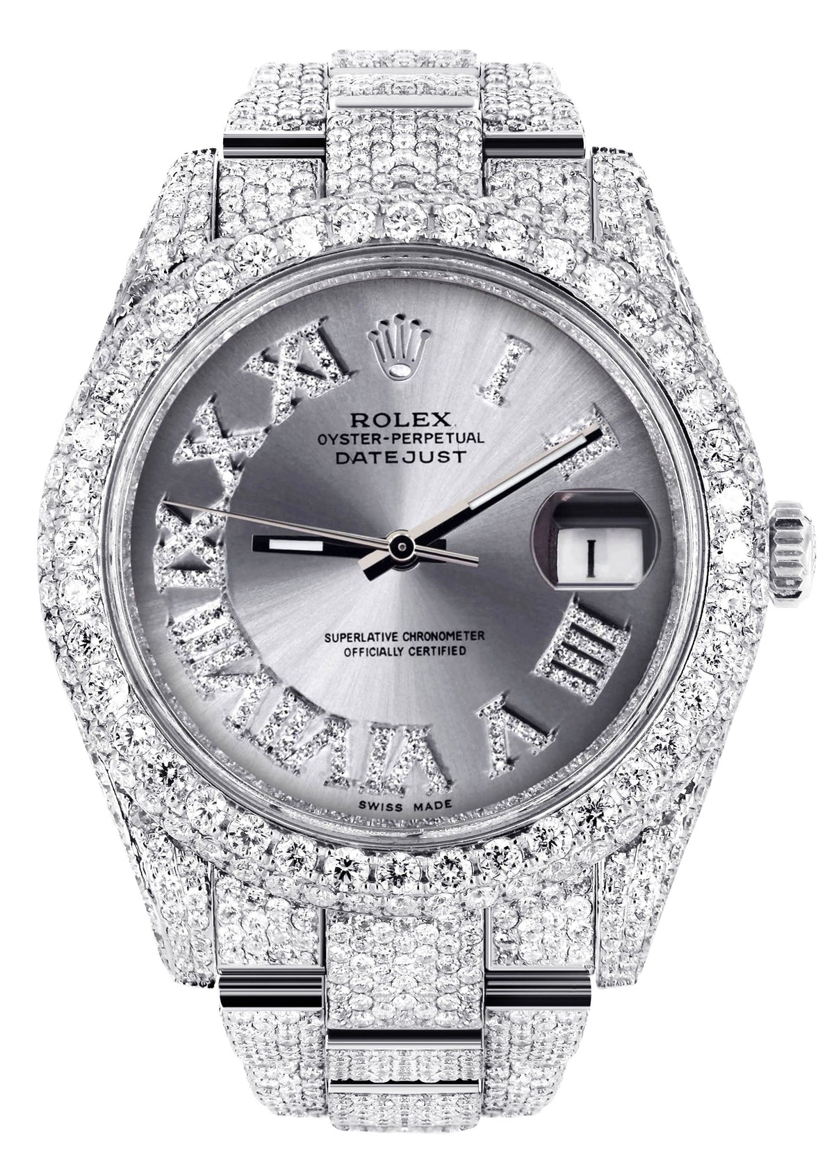 Womens Diamond Iced Out Rolex Datejust 41 | 25 Carats Of Diamonds | Custom Silver Roman Numeral Diamond Dial | Two Row | Oyster Band