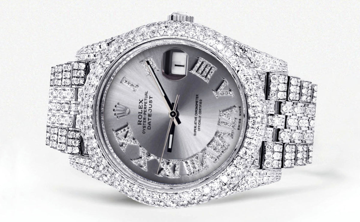 Womens Diamond Iced Out Rolex Datejust 41 | 25 Carats Of Diamonds | Custom Silver Roman Numeral Diamond Dial | Two Row | Jubilee Band
