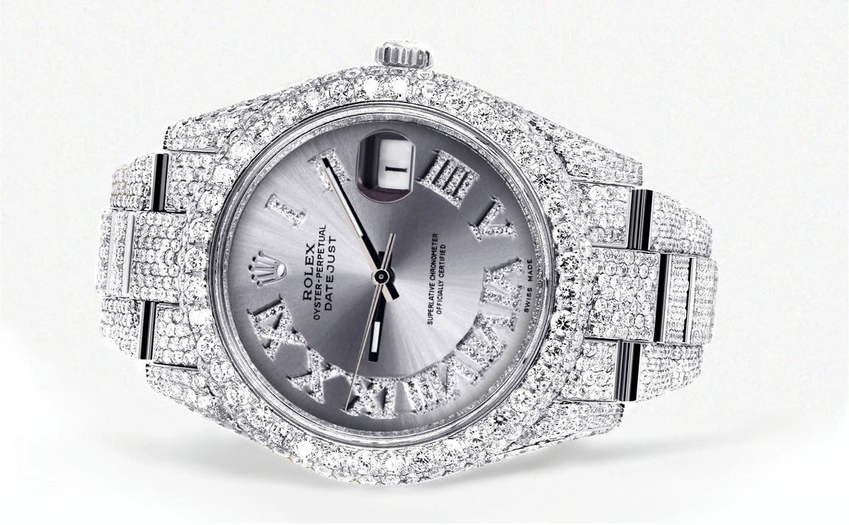 Womens Diamond Iced Out Rolex Datejust 41 | 25 Carats Of Diamonds | Custom Silver Roman Numeral Diamond Dial | Two Row | Oyster Band