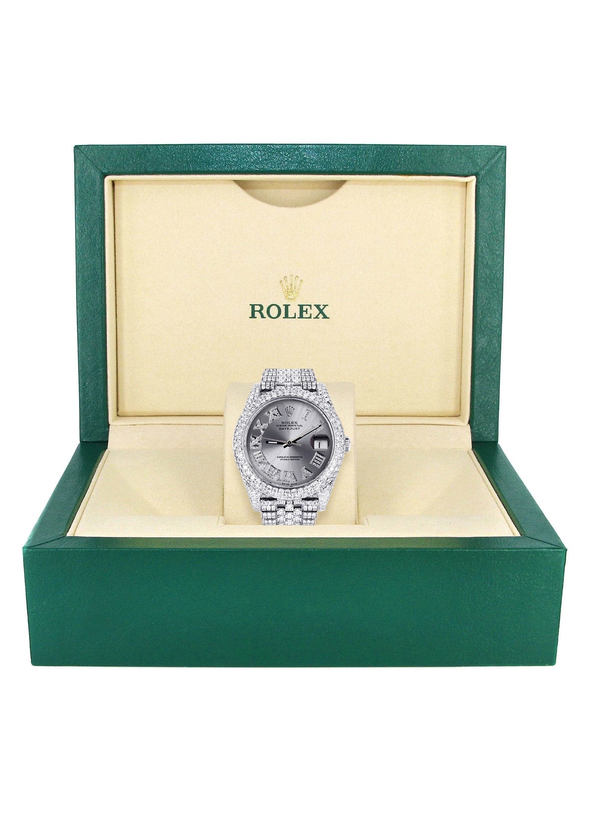 Womens Diamond Iced Out Rolex Datejust 41 | 25 Carats Of Diamonds | Custom Silver Roman Numeral Diamond Dial | Two Row | Jubilee Band