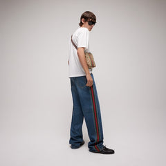 Cotton denim pants with Web insert - blue