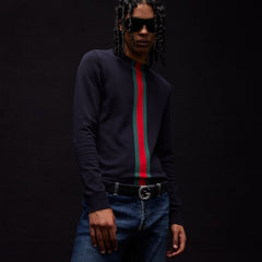 Knit cotton sweater with Web intarsia - dark blue