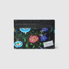 Flora-motif card case - black and multicolor canvas