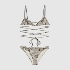 Printed stretch jersey bikini - ivory and brown